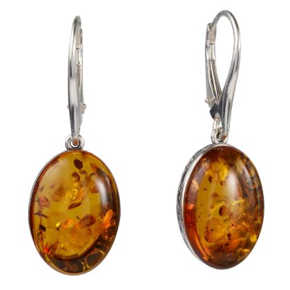 Pair of oval Baltic honey amber earrings in 925 sterling silver with French leverback closures, featuring natural amber inclusions and handcrafted open-back cabochon design