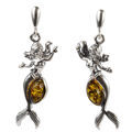 Sterling Silver and Baltic Green Amber Post Back Mermaid Earrings