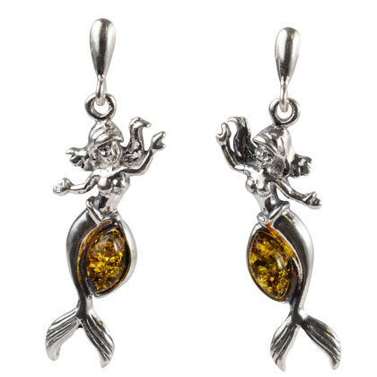 Sterling Silver and Baltic Green Amber Post Back Mermaid Earrings