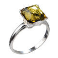 GIA Certified Sterling Silver and Baltic Olive Green  Amber Square Ring "Nelda"