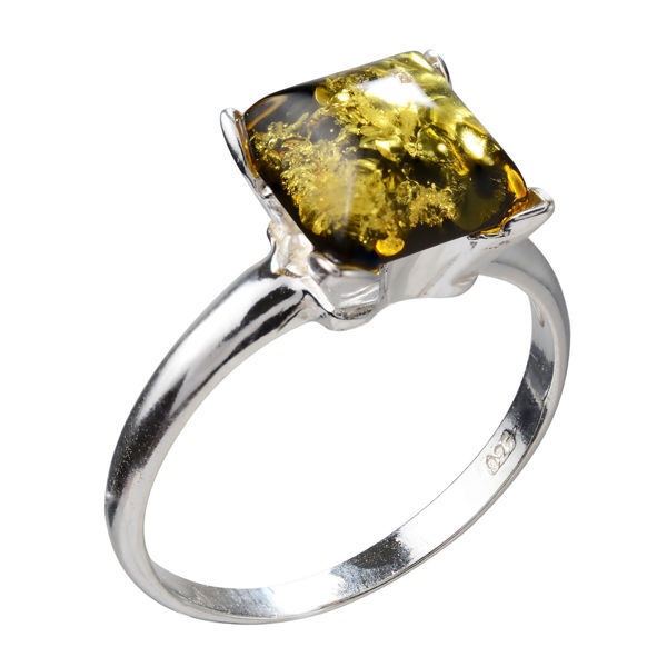 GIA Certified Sterling Silver and Baltic Olive Green  Amber Square Ring "Nelda"