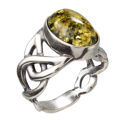 Sterling Silver and Baltic Large Celtic Knots  Green Amber Ring; size 8