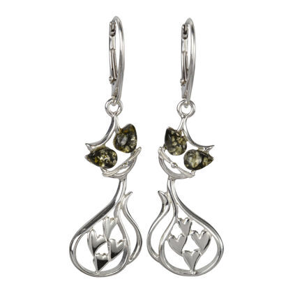 Sterling Silver and Baltic Amber French Leverback Green Eyed Cats Earrings
