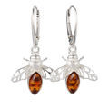 Sterling Silver and Baltic Honey Amber Bumble Bee Earrings, French Leverback Dangle Earrings, Statement Gemstone Earrings, UPC 053926498970