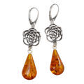 Sterling Silver Vintage Style French Leverback Baltic Amber Rose Earrings