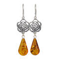 Sterling Silver Vintage Style French Leverback Baltic Amber Rose Earrings