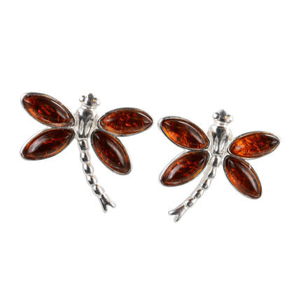 Sterling Silver and Baltic Honey Amber Post Back Dragonfly Earrings