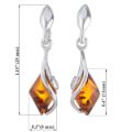 Elena genuine Baltic honey amber earrings in 925 sterling silver with size measurements showing 1.15 inch total height, 0.3 inch width, and 0.45 inch amber stone on white background