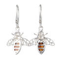 Sterling Silver and Baltic Honey Amber Bumble Bee Earrings, French Leverback Dangle Earrings, Statement Gemstone Earrings, UPC 053926498970