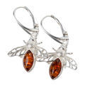 Sterling Silver and Baltic Honey Amber Bumble Bee Earrings, French Leverback Dangle Earrings, Statement Gemstone Earrings, UPC 053926498970