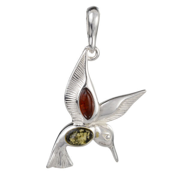 Sterling Silver Baltic Green and Honey Amber Pendant "Hummingbird"