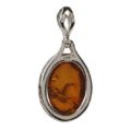 Back view of genuine Baltic honey amber oval pendant in 925 sterling silver showing polished silver setting and natural fossil inclusions on white background