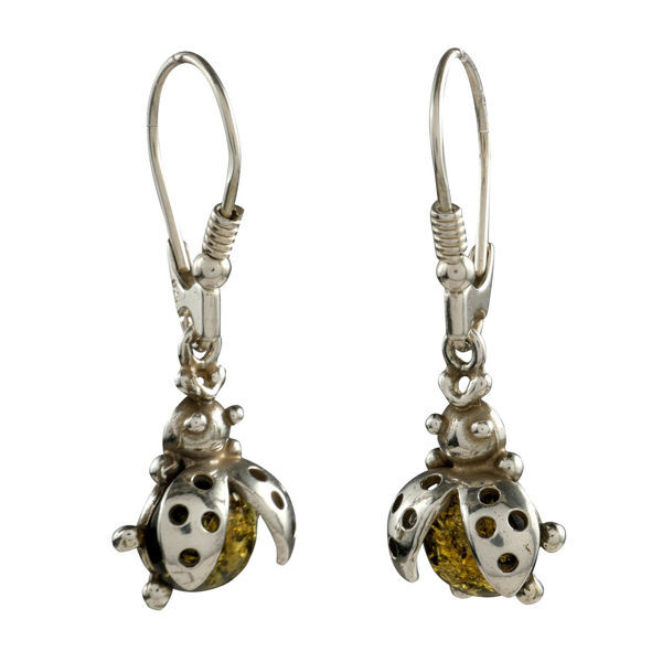 Sterling Silver and Baltic Green Amber Earrings "Ladybugs"