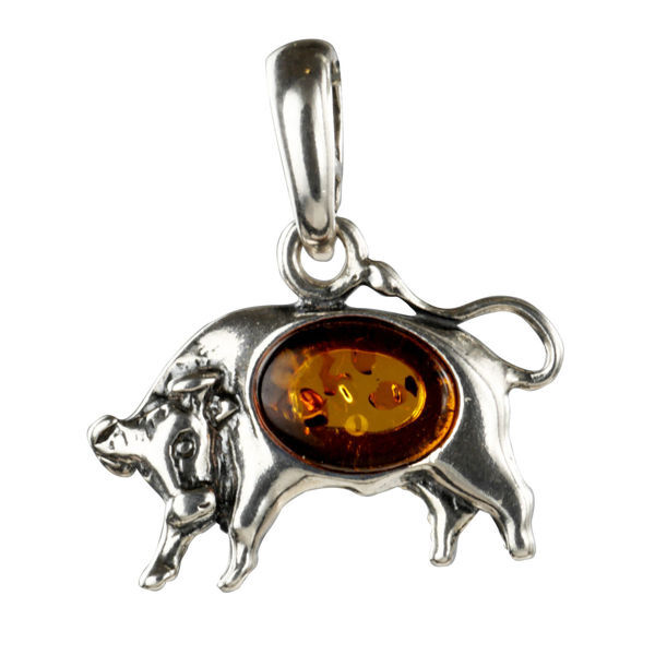 Sterling Silver and Baltic Amber Zodiac Sign Taurus  Pendant