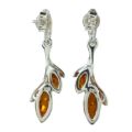 Back view of Alicia Baltic honey amber earrings in 925 sterling silver, showing open-back marquise amber cabochon settings, 925 hallmark, and post back closure.