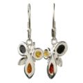 Back view of Martina multicolor Baltic amber leverback earrings in 925 sterling silver showing open settings with lemon yellow, forest green and honey amber stones on white background