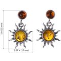 Size guide image of genuine Baltic honey amber “Sun” earrings in 925 sterling silver showing dimensions: 1 in (25 mm) total length and 0.67 in (17 mm) width, two-tone amber post back dangles on white background.