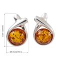 "Sorina genuine Baltic honey amber stud earrings in 925 sterling silver with size guide showing 0.5 inch length and 0.4 inch width, handcrafted Polish amber jewelry"