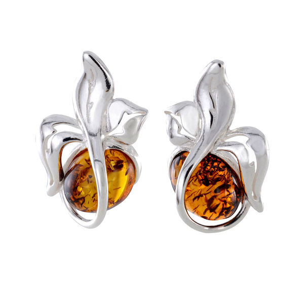 GIA Certified Sterling Silver and Baltic  Amber Stud Earrings "Berry"