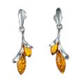 Alicia genuine Baltic honey amber dangle earrings in 925 sterling silver, double marquise cabochons with post back closure, 1.2 inch long.
