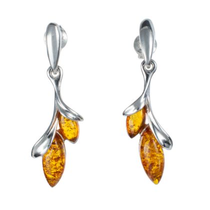 Alicia genuine Baltic honey amber dangle earrings in 925 sterling silver, double marquise cabochons with post back closure, 1.2 inch long.