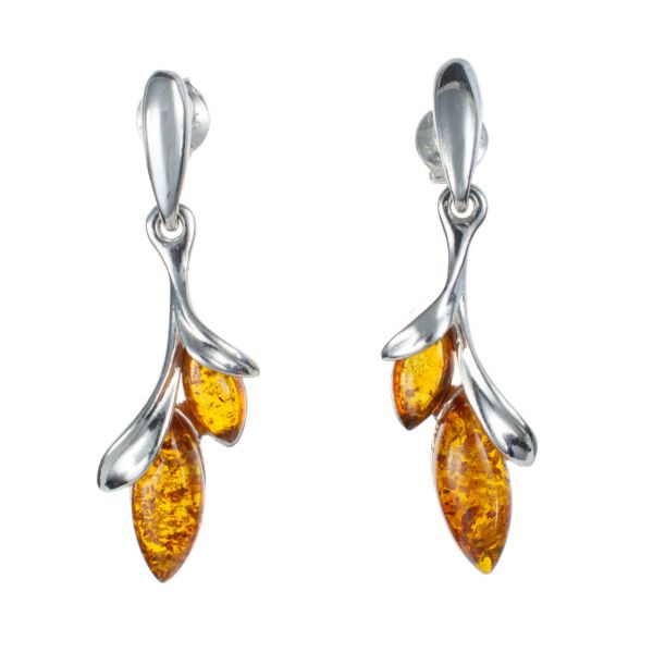 Alicia genuine Baltic honey amber dangle earrings in 925 sterling silver, double marquise cabochons with post back closure, 1.2 inch long.