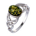 Sterling Silver and Baltic Green Amber Ring "Celtic Knots"