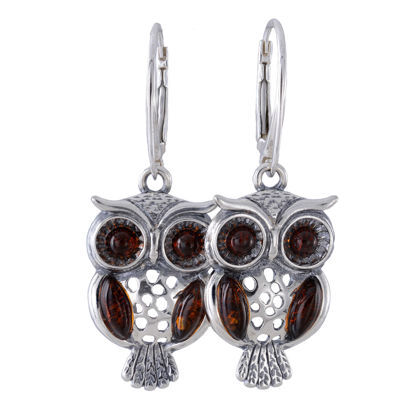 Sterling Silver and Baltic Amber French Lever Back  Owl Earrings