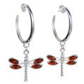 Sterling Silver and Baltic Amber Post Back Honey  Dragonfly Hoop Earrings