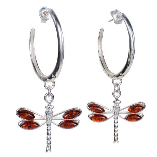 Sterling Silver and Baltic Amber Post Back Honey  Dragonfly Hoop Earrings