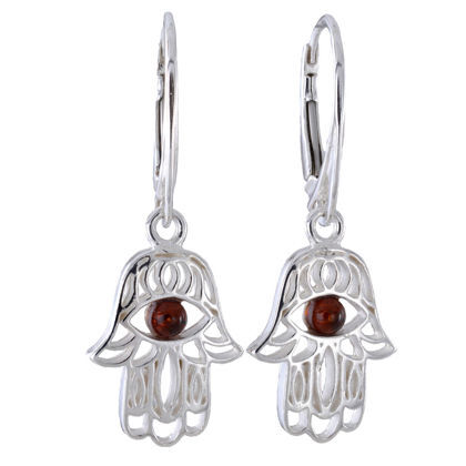 Sterling Silver and Baltic Amber French Lever Back  Amber Hamsa Hand Earrings