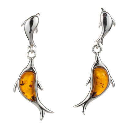 Sterling Silver and Baltic Honey Amber Post Back Dolphins Earrings