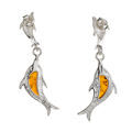 Sterling Silver and Baltic Honey Amber Post Back Dolphins Earrings