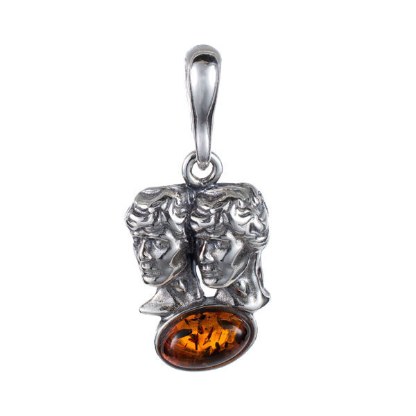 Sterling Silver and Baltic Amber Gemini Zodiac Sign Pendant