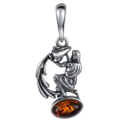 Sterling Silver and Baltic Amber Aquarius Zodiac Sign Pendant