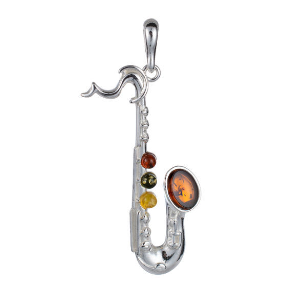 Sterling Silver and Baltic Amber Saxophone Pendant