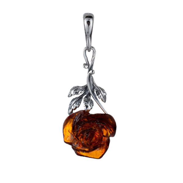 Genuine Baltic honey amber open rose pendant in 925 sterling silver with detailed leaves and bail, hand-carved amber flower shown on a white background.