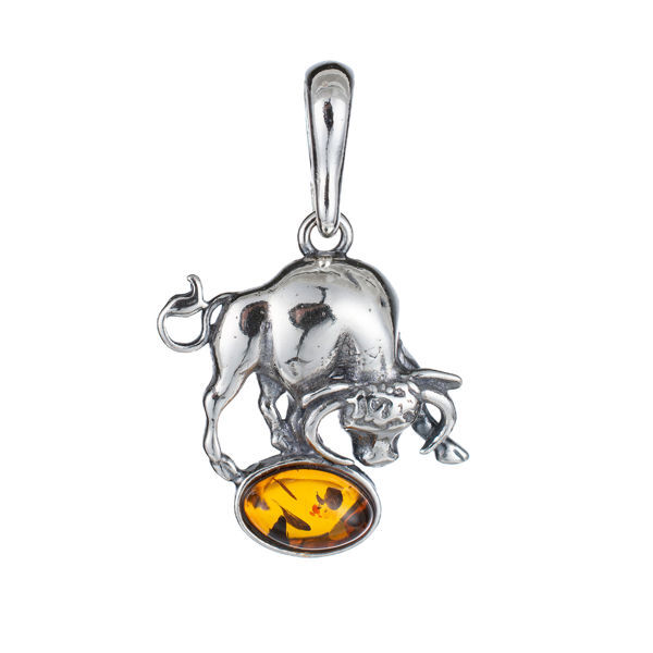 Sterling Silver and Baltic Amber Taurus Zodiac Sign Pendant