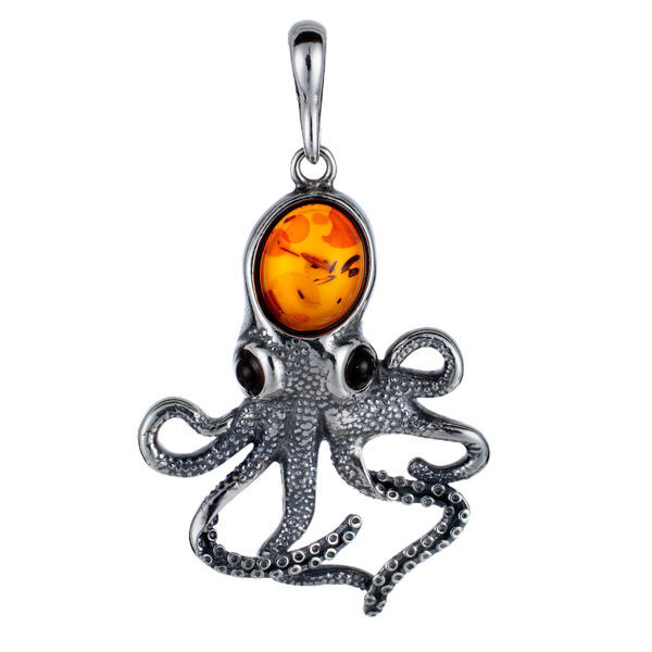 Sterling Silver and Baltic Amber Octopus Pendant