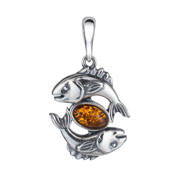 Sterling Silver and Baltic Amber Pisces Zodiac Sign Pendant