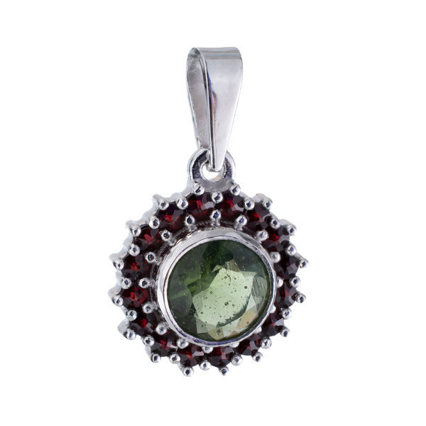 Bohemian Garnet And Moldavite Sterling Silver Round Pendant