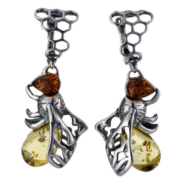 Sterling Silver and Baltic Amber English Lock Bumblebee Earrings