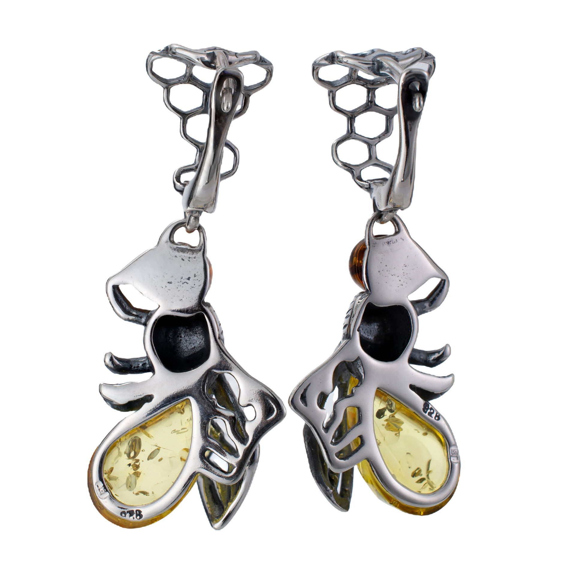 Sterling Silver and Baltic Amber English Lock Bumblebee Earrings