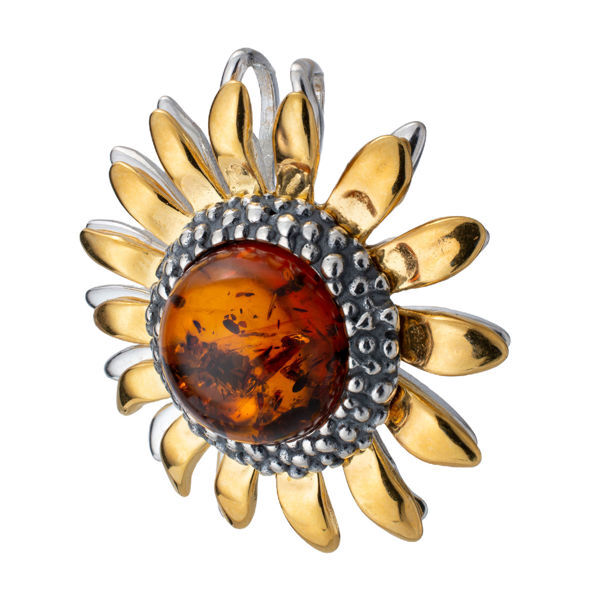 Gold Plated Sterling Silver and Baltic Honey Amber Sunflower Pendant