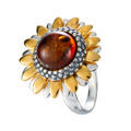 Gold Plated Sterling Silver and Baltic Honey Amber Sunflower Ring