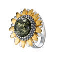 Gold Plated Sterling Silver and Baltic Green Amber Sunflower Ring