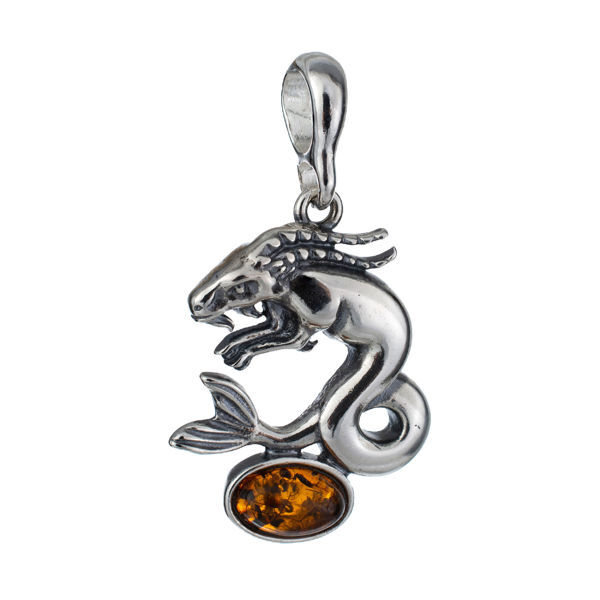 Sterling Silver and Baltic Amber Capricorn Zodiac Sign Pendant