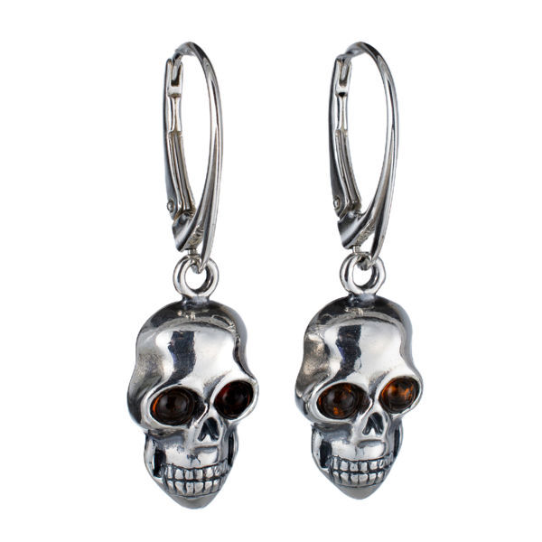 Sterling Silver and Baltic Amber French Leverback Honey Amber Skull Earrings