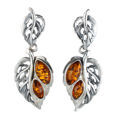 Sterling Silver and Baltic Honey Amber Post Back Leaf Earrings