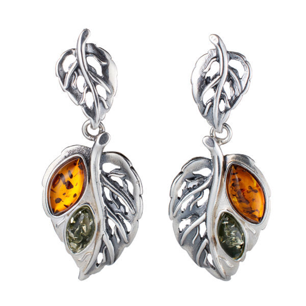 Sterling Silver and Baltic Honey and Green Amber Post Back Leaf Earrings